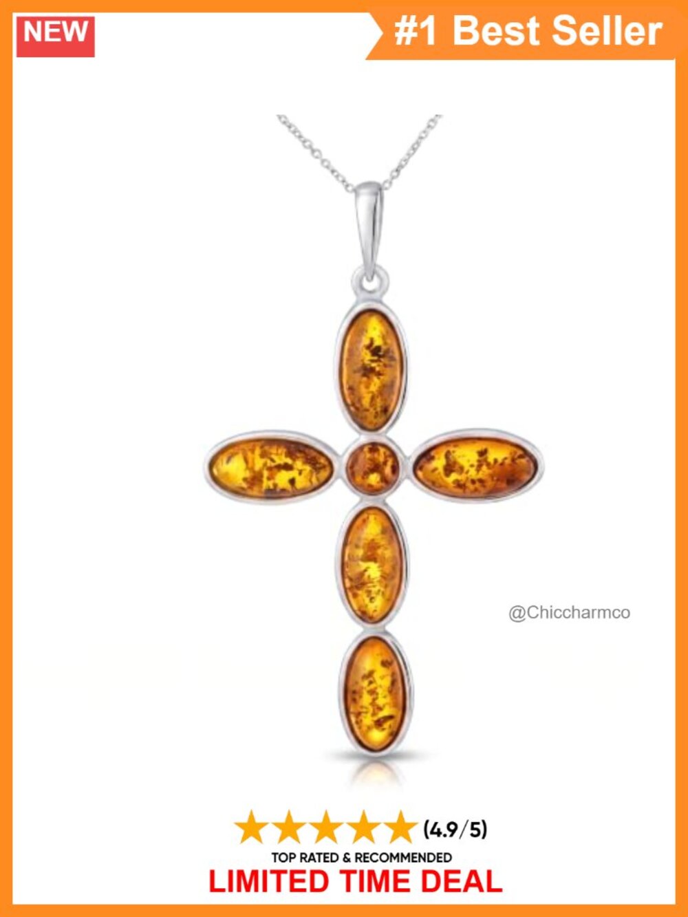 Sterling Silver Baltic Amber Cross Pendant Necklace with 18" Chain